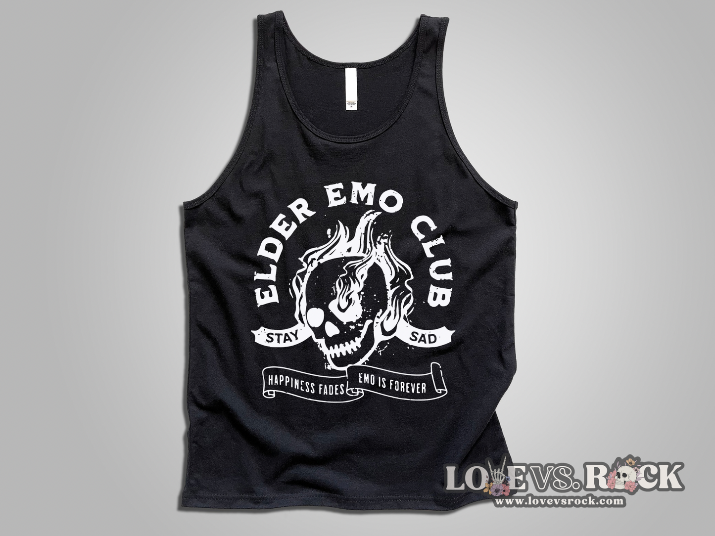 Elder Emo Club Unisex Tank Top | Love vs. Rock