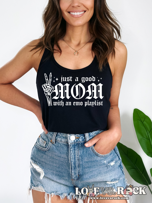 Just a Good Mom with an Emo Playlist Ladies’ Tank Top | Love vs. Rock