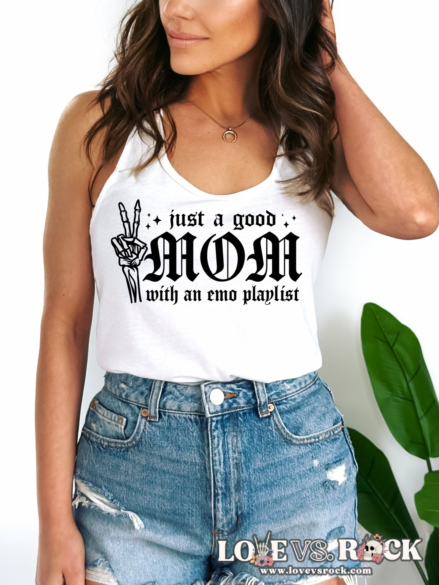 Just a Good Mom with an Emo Playlist Ladies’ Tank Top | Love vs. Rock