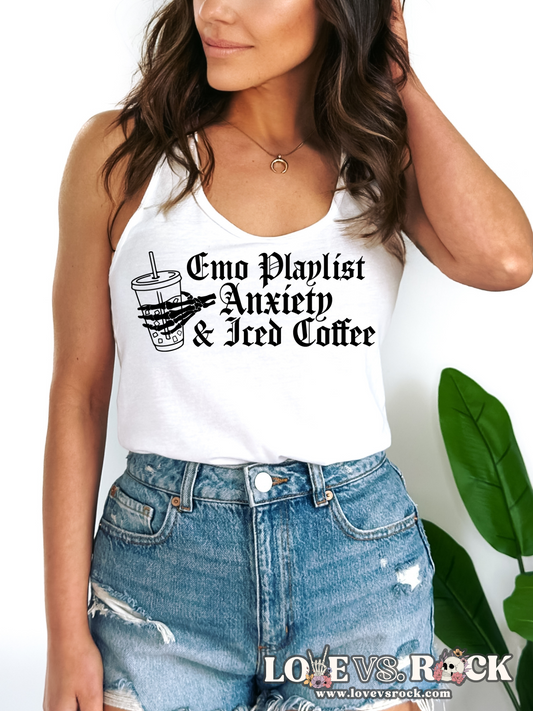 Emo Playlist, Anxiety and Iced Coffee Ladies’ Tank Top | Love vs. Rock