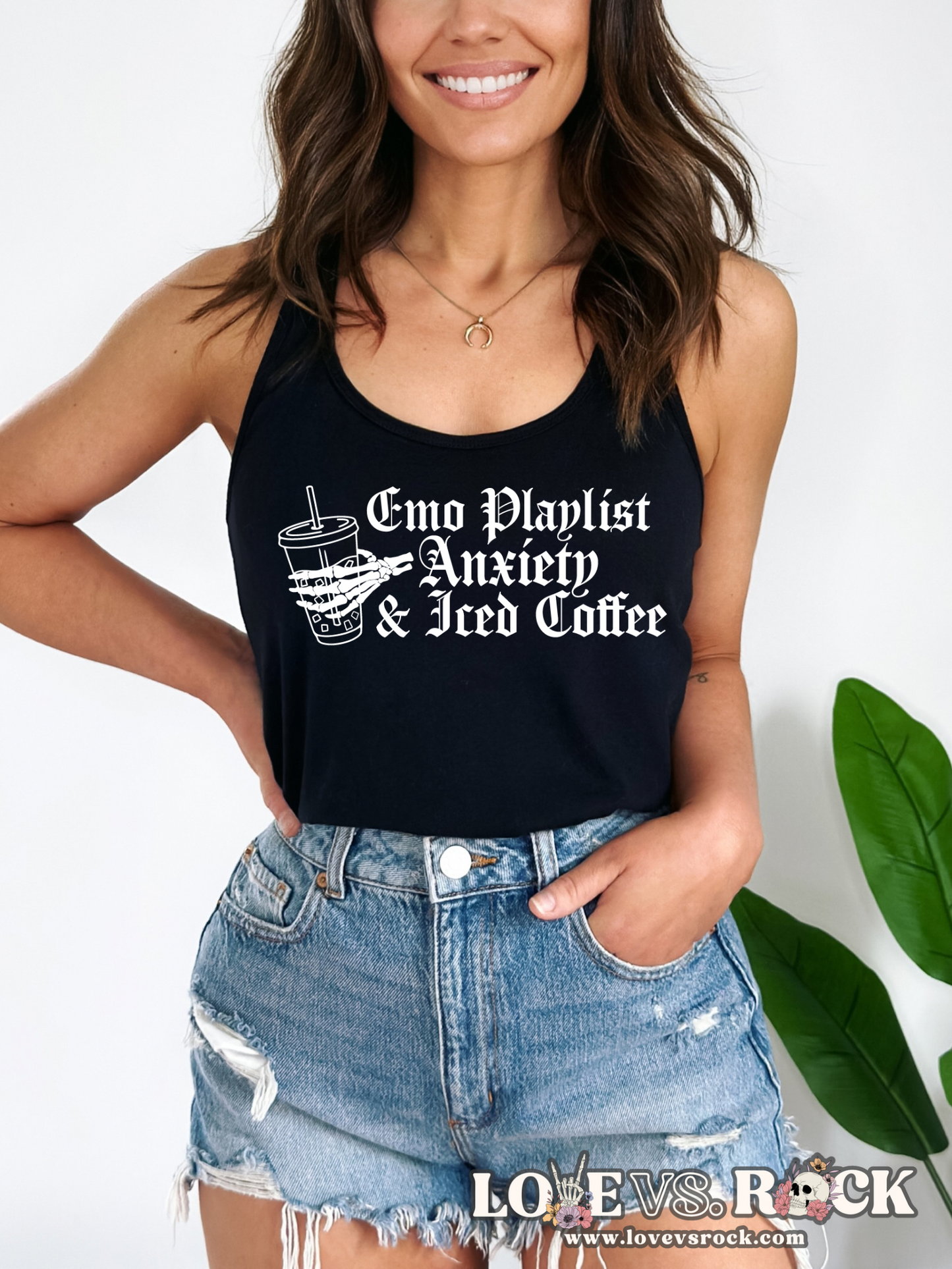 Emo Playlist, Anxiety and Iced Coffee Ladies’ Tank Top | Love vs. Rock