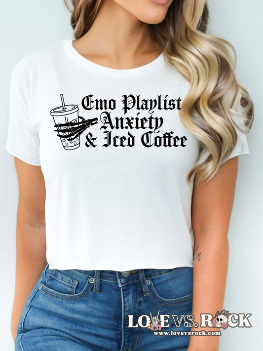 Emo Playlist, Anxiety and Iced Coffee Cropped Tee | Love vs. Rock